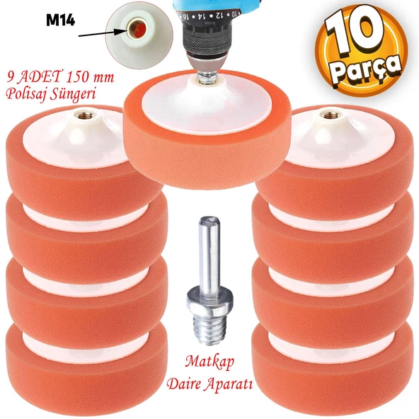 Pasta Cila Polisaj Süngeri Zımpara Tabanlı Turuncu 150 mm M14 Uyumlu Matkap Aparatı (10 PARÇA SET) ürün görseli 1