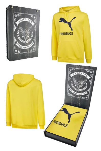 Fenerbahçe Orijinal Puma Kapüşonlu Sarı Sweat Hediyelik Ahşap Kutulu ürün görseli 1