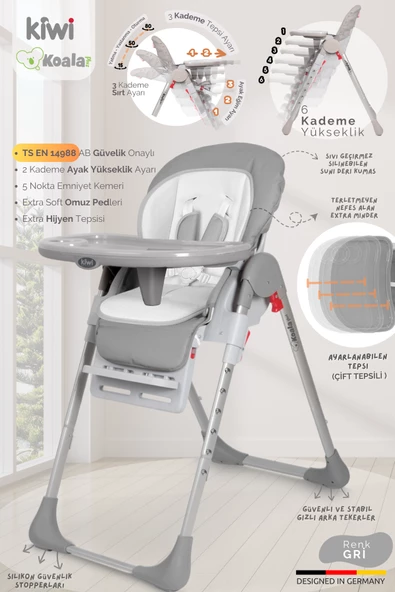 PTTAVM: Kiwi Koala All İn One Katlanır Tekerlekli Mama Sandalyesi Gray