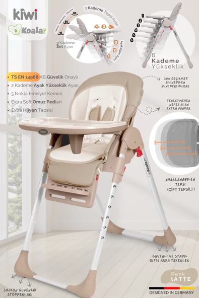Kiwi Koala All in One Katlanır Tekerlekli Mama Sandalyesi Latte ürün görseli 1