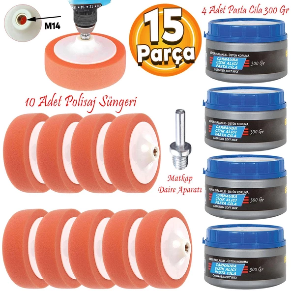 Pasta Cila Polisaj Süngeri Zımpara Tabanlı Turuncu 150 mm+Oto Pastası+M14 Matkap Aparatı (15 PARÇA SET) ürün görseli 1
