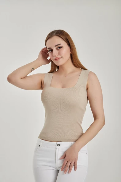 Modatalika Kadın Kare Yaka Crop Triko Bluz - Resim 3