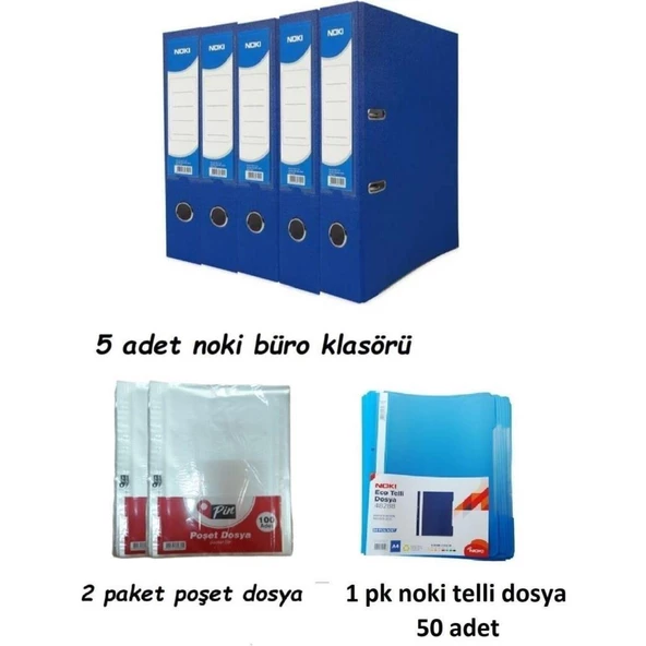 Noki Mavi Geniş Klasör Plastik 5 Adet, 1 Paket Telli Dosya ve Poşet Dosya 2 Paket ( OFİS SETİ ) ürün görseli 1