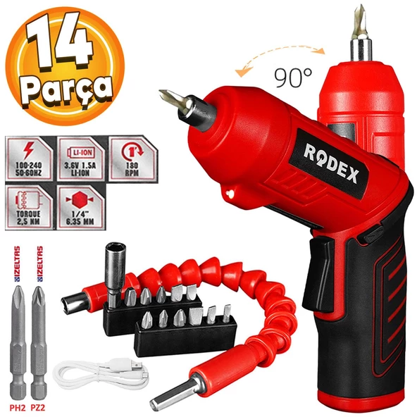 Rodex RDX3085 Akülü Vidalama Şarjlı Tornavida Vidalama Ucu Seti + İzeltaş Matkap Bits Uç Seti ürün görseli 1