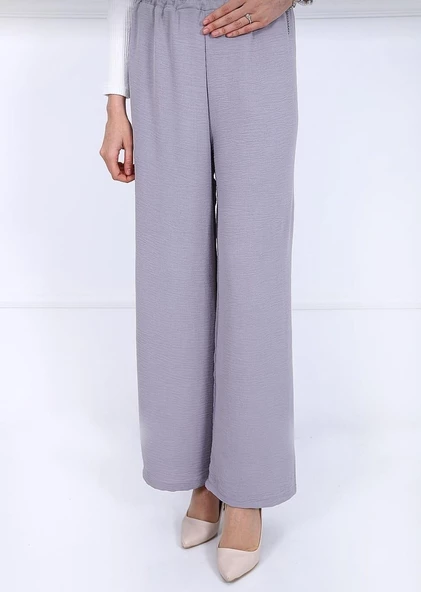 Fresh&Moda Kadın Gri Beli Lastikli Ayrobin Kumaş Bol Paça Büyük Beden Pantolon ürün görseli 1