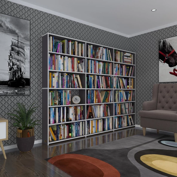 Kenzlife kitaplık süper ga 180*240*19 gri 6 katlı 3 bölme çift bölme opsiyonlu ofis mutfak banyo dolabı arkalıksız ürün görseli 1