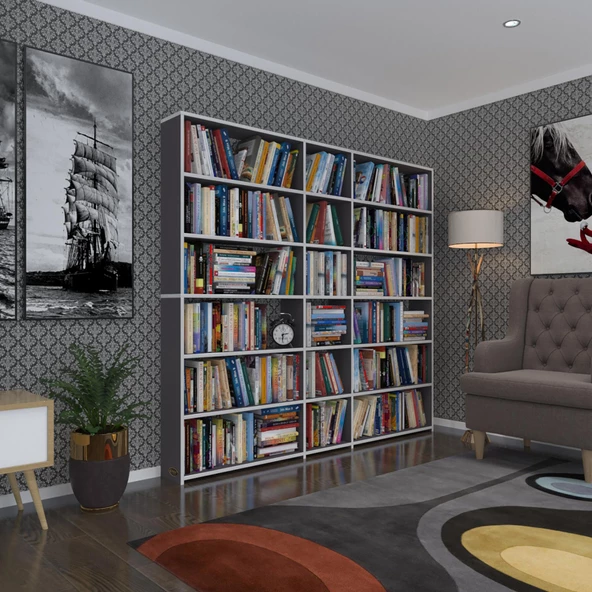 Kenzlife kitaplık süper ga 180*200*19 gri 6 katlı 3 bölme çift bölme opsiyonlu ofis mutfak banyo dolabı arkalıksız ürün görseli 1