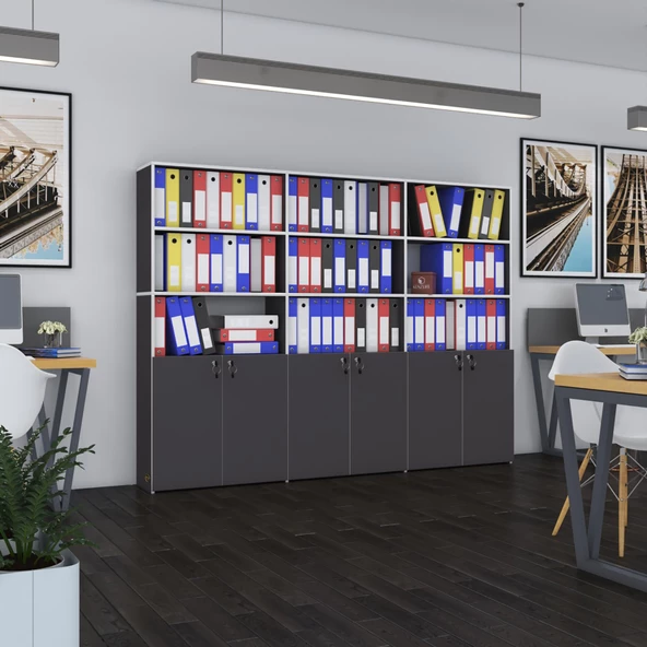 Kenzlife klasör dolabı kilitli kutalmış gri 175*240*30 klasörlük kitaplık ofis arkalıksız ürün görseli 1