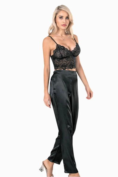 Kadın İp Askılı Bralet Saten Pantolon Pijama Takımı Alt Üst Gecelik ürün görseli 1