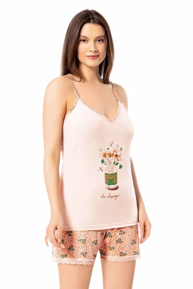 Kadın İp Askılı Şortlu Pijama Takımı Baskılı Pamuklu 7000 ürün görseli 1