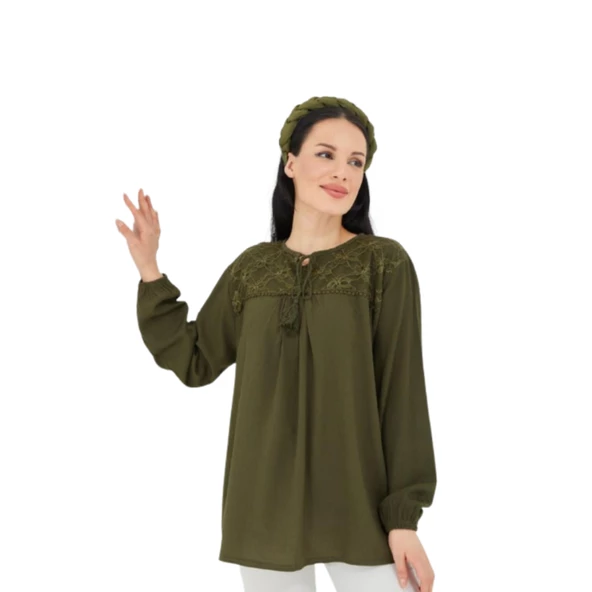 Fresh&Moda Kadın Haki Şile Bezi Anne Penye Bluz ürün görseli 1
