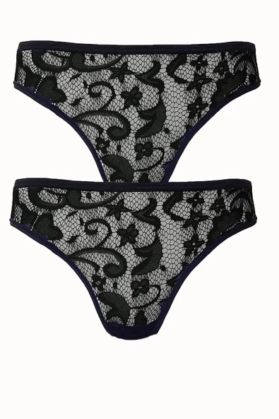 2li Kadın Önü Dantel Bikini Külot Arkası Düz İnce Lastik Ekonomik ürün görseli 1