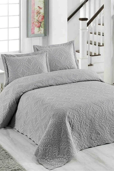 Sarmaşık Düz Renk Çift Kişilik Microfiber Kapitone Yatak Örtüsü Takımı - Açık Gri ürün görseli 1