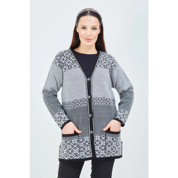 Fresh&Moda Kadın Siyah Beyaz  Desenli Triko Düğmeli Cepli Kışlık Anne Hırkası ürün görseli 1