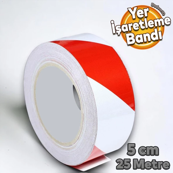 Yer İşaretleme Bandı Kırmızı-Beyaz Pvc Emniyet Zemin İkaz Bant 50 mm x 25 MT ürün görseli 1
