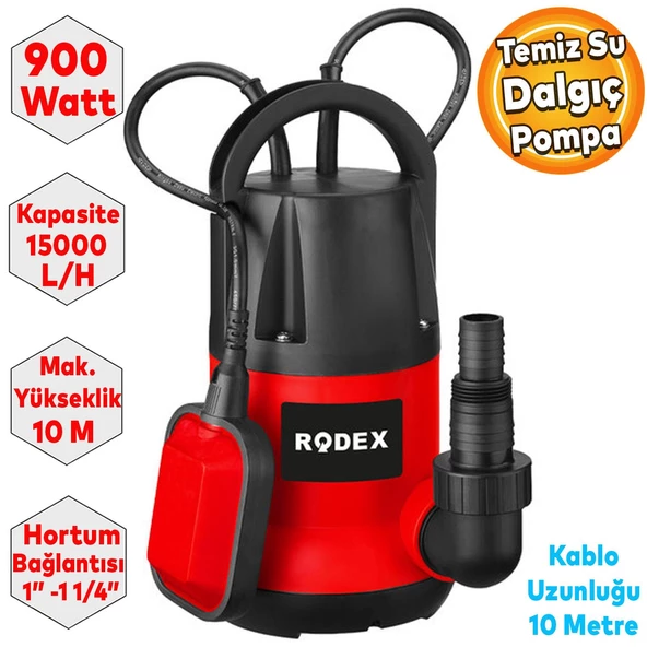 Rodex RDX8151 Dalgıç Pompa Temiz Su 900W 15000 L/H 10 Metre ürün görseli 1