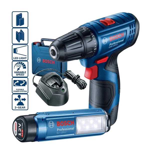 Bosch Professional GSR 120-LI  2 Ah Çift Akülü Vidalama Makinası ve GLI 12V-300 Lamba - 06019G8004 ürün görseli 1