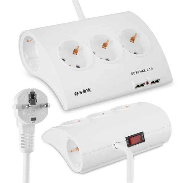 S-Link SPG9-5-15 Akım Koruma ve 2 Adet 2.1A Usb Şarj Soketli Beşli Masaüstü Grup Priz - 18813 ürün görseli 1