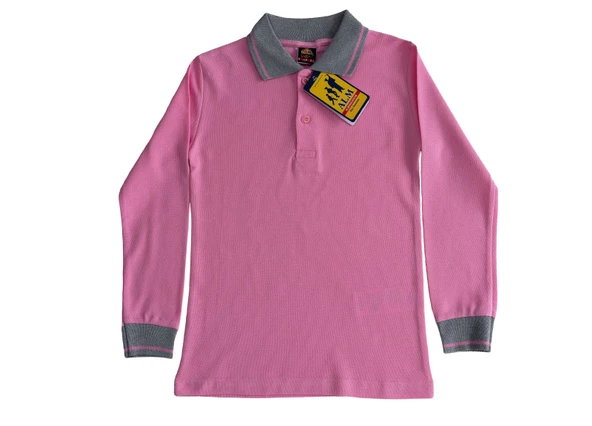 Polo Yaka Tişört çocuk uzun kol gri çizgi yaka pembe  Okul Tişört/t-shirt ürün görseli 1
