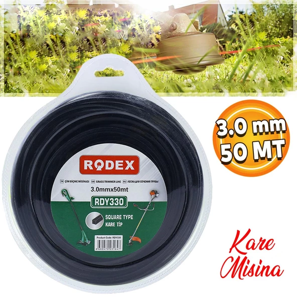 Rodex RDY330 Misina Motorlu Tırpan Kare Misina 3 mm 50 Metre Çim Ot Biçme Teli ürün görseli 1