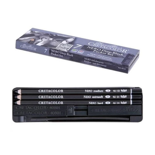 Cretacolor Nero Deep Black Pocket Set Profesyonel Çizim Seti 7 Parça Metal Kutu (400 08) ürün görseli 1