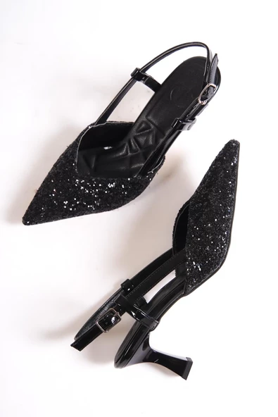 Paris S Siyah Cam Kırığı Arkası Açık Stiletto Kısa Topuklu Abiye Ayakkabı ürün görseli 1