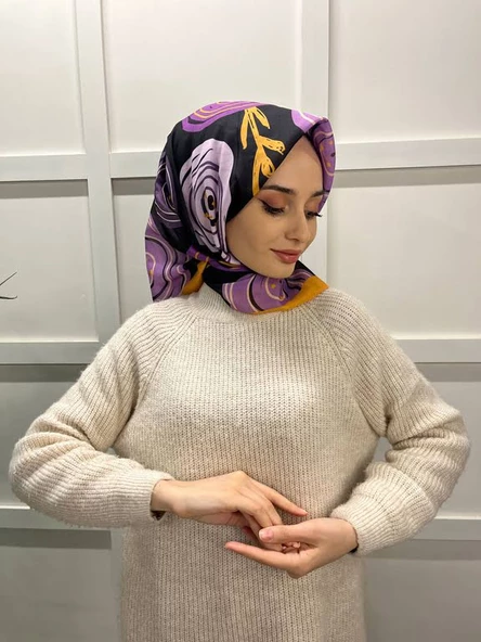 Eflatun Scarf Pamuklu (Cotton) Minimal Çiçek Desenli Eşarp 00747  HARDAL ürün görseli 1