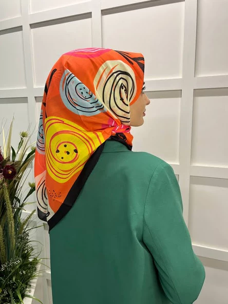 Eflatun Scarf Pamuklu (Cotton) Minimal Çiçek Desenli Eşarp 00747  SİYAH TURUNCU ürün görseli 1