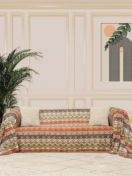 SoftMicro Etnik Desenli Boho 180x220 cm  Koltuk Örtüsü Şalı, Kanepe Örtüsü, Tv Battaniyesi Doğal Renk ürün görseli 1