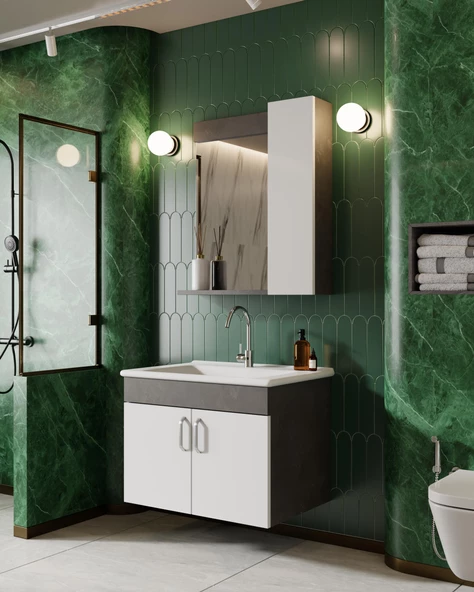 Karen Banyo Gümüş 65 Cm Lavabolu Banyo Dolabı Retro Gümüş-Beyaz Lavabo Dahil ürün görseli 1
