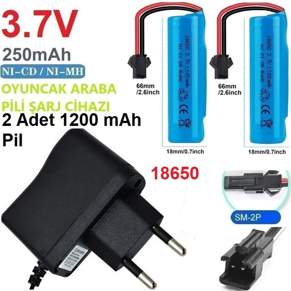 3.7v 18650 1200 Mah Li-on Siyah Soketli 2 Adet Oyuncak Pili + 3.7V Şarj Cihazı SINEKBIT11766 ürün görseli 1