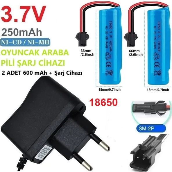 3.7v 18650 600 Mah Li-on Siyah Soketli 2 Adet Oyuncak Pili + 3.7V Şarj Cihazı SINEKBIT11788 ürün görseli 1