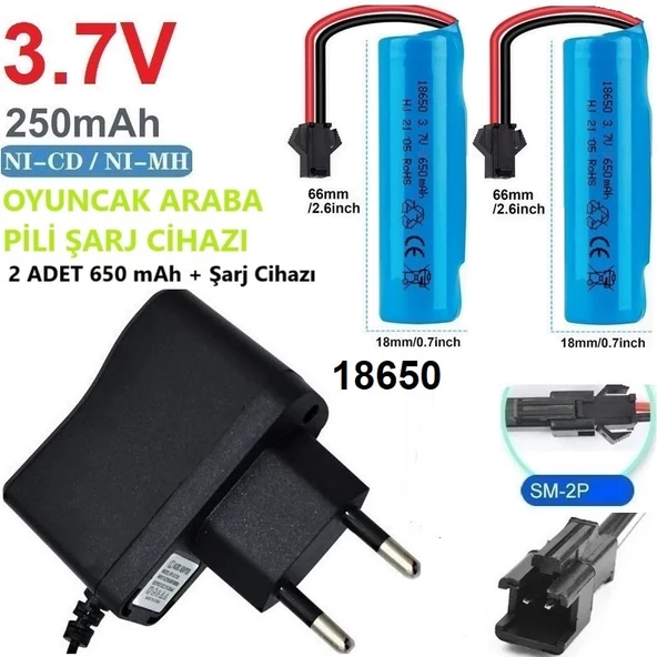 3.7v 18650 650 Mah Li-on Siyah Soketli 2 Adet Oyuncak Pili + 3.7V Şarj Cihazı SINEKBIT11897 ürün görseli 1