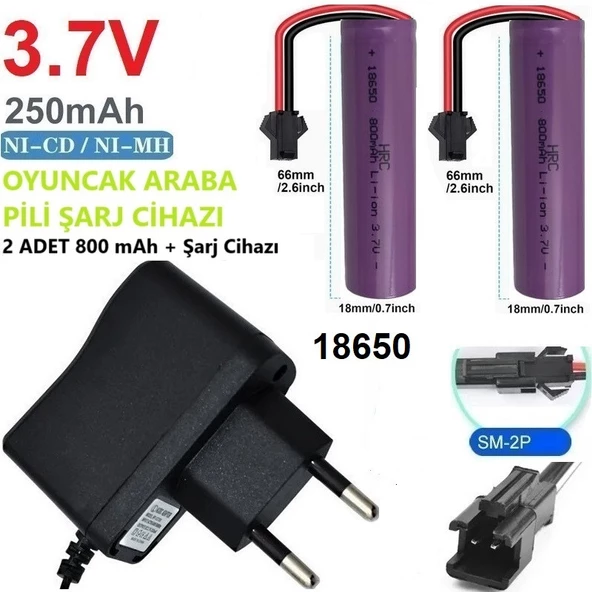 3.7v 18650 800 Mah Li-on Siyah Soketli 2 Adet Oyuncak Pili + 3.7V Şarj Cihazı SINEKBIT11986 ürün görseli 1