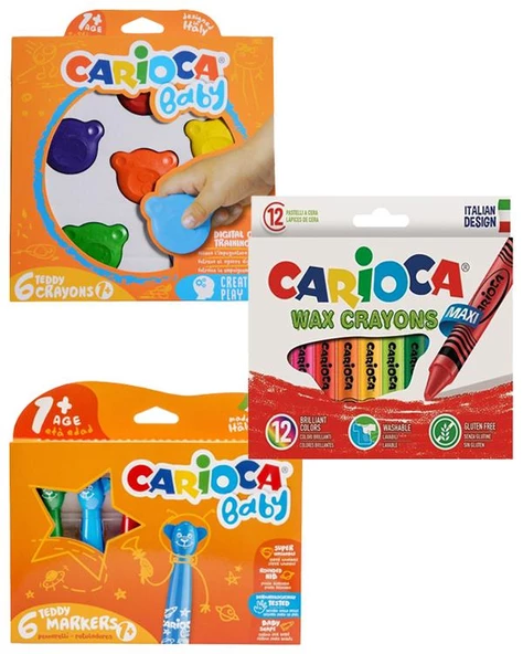 Carioca Teddy Şekilli Mum Boya - Carioca Teddy Keçeli Kalem - Carioca Wax Crayons 3 Adet Boyama Seti ürün görseli 1