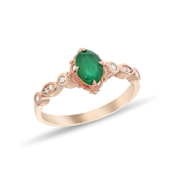 0,08 Karat Pırlantalı Zümrüt Taşlı Vintage Yüzük ürün görseli 1