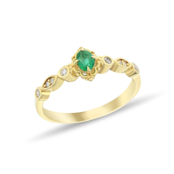 0,08 Karat Pırlantalı Zümrüt Taşlı Vintage Yüzük ürün görseli 1