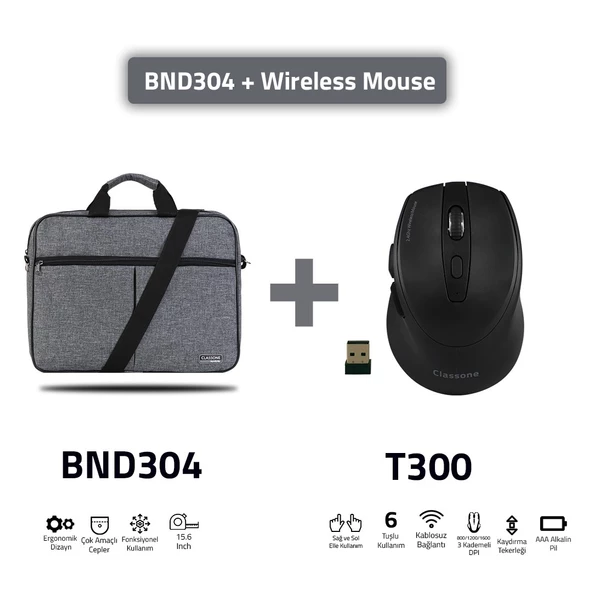 Classone Bnd304 Eko Serisi 15,6 Inç Laptop Notebook El Çantası Siyah +T300 Kablosuz Mouse ürün görseli 1