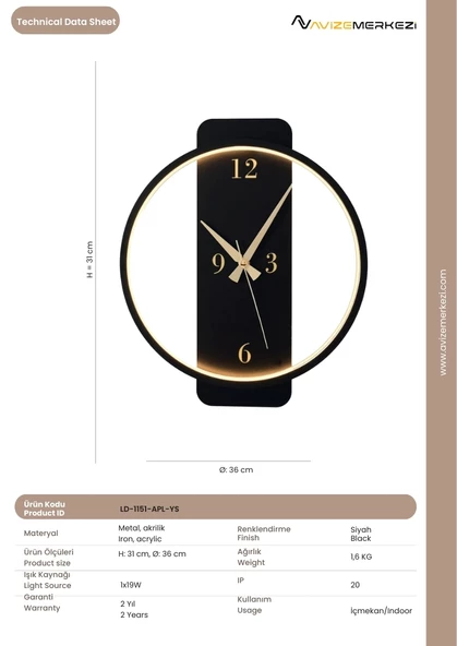 SAATLİ YUVARLAK APLİK LD-1151-APL-YS - Resim 3