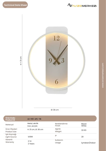 SAATLİ YUVARLAK APLİK LD-1151-APL-YB - Resim 3