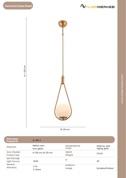 Sarı Kaplama Modern Avize A-431-1 - Resim 3