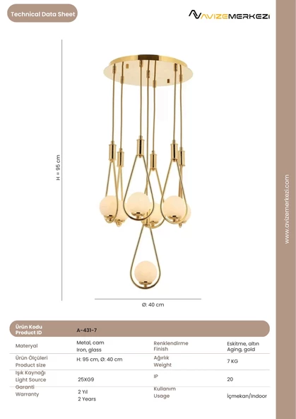 Sarı Kaplama Modern Avize A-431-7 - Resim 3