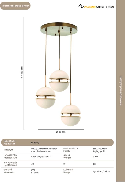 LEDLİ ÜÇLÜ YUVARLAK AVİZE A-167-3 - Resim 3