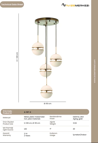 LEDLİ DÖRTLÜ YUVARLAK AVİZE A-167-4 - Resim 3