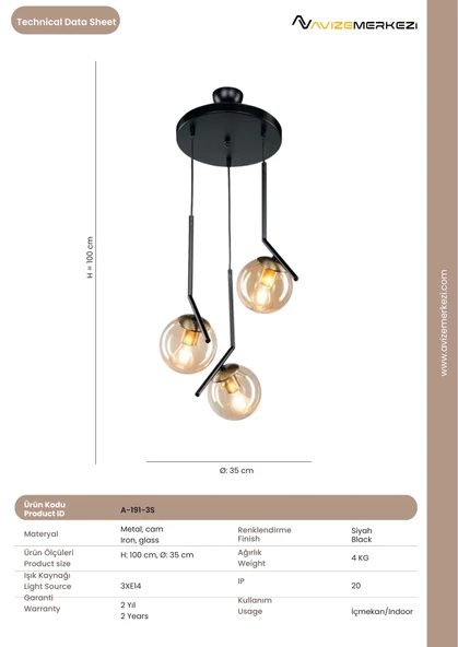 ÜÇLÜ YUVARLAK AVİZE A-191-3S - Resim 3