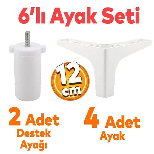 Sedef 6'lı Set Mobilya Tv Ünitesi Koltuk Kanepe Destek Ayağı 12 Cm Beyaz Baza Ayakları M8 Destek ürün görseli 1