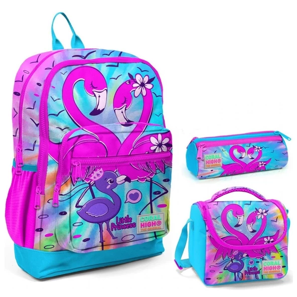 Coral High Mavi Pembe Flamingo Geçişli Beslenme Okul Çantası Kalemlik ürün görseli 1