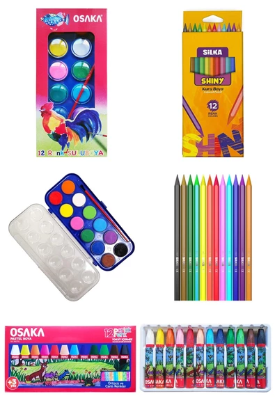 Silka Shiny Kuru Boya 12'li Osaka Pastel Boya 12'li Osaka Sulu Boya 12'li Kırtasiye Seti Okul Seti ürün görseli 1