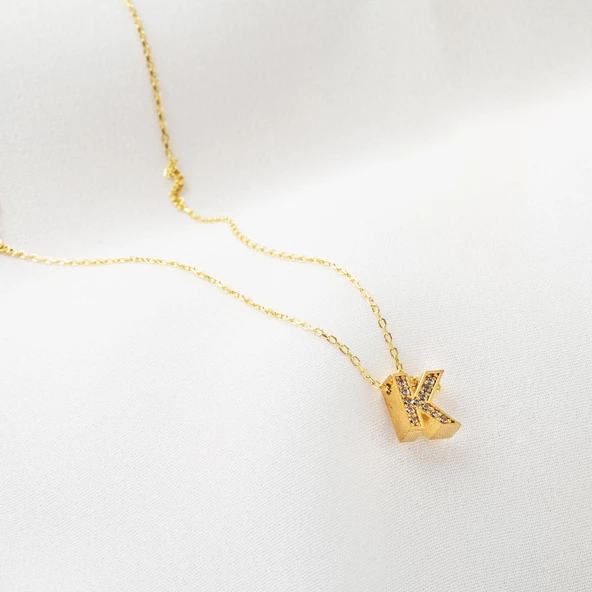 Taşlı K Harfli Minimal Harf Altın Kolye - Resim 3