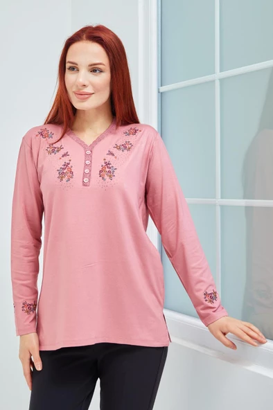 Fresh&Moda Kadın Pembe V Yaka Düğmeli Çiçekli Likralı Anne Penye Bluz ürün görseli 1